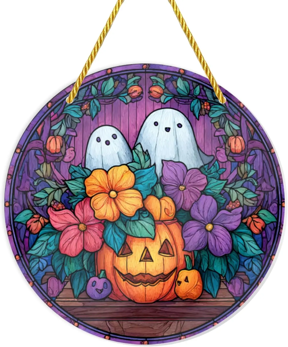 Floral Ghost Pumpkin Round Acrylic Hanging Sign, Colorful Fall Flower Wooden Background Halloween Indoor Wall Ornament