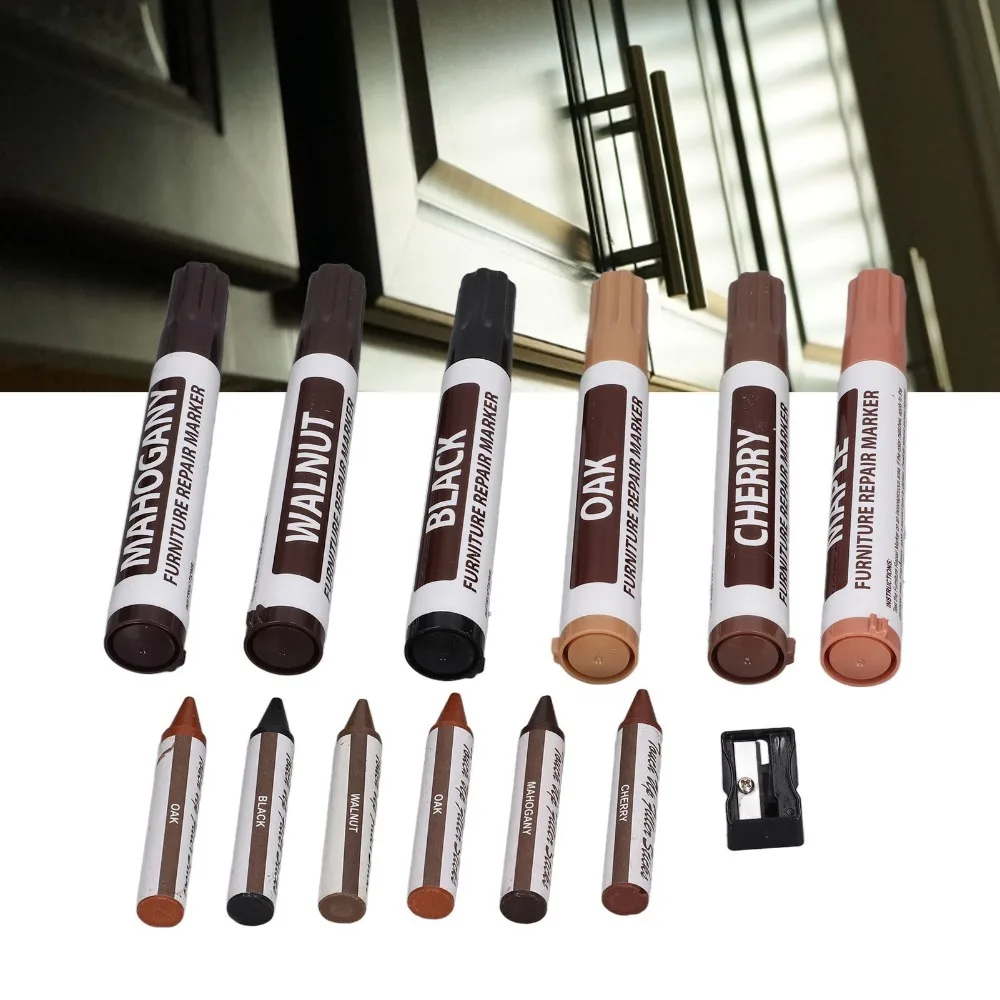 13PCS Matching Pencil Sharpener Wood Furniture Repair Pen Wood Surface Restoration Fast Drying Formula Floor Paint Repair Stick