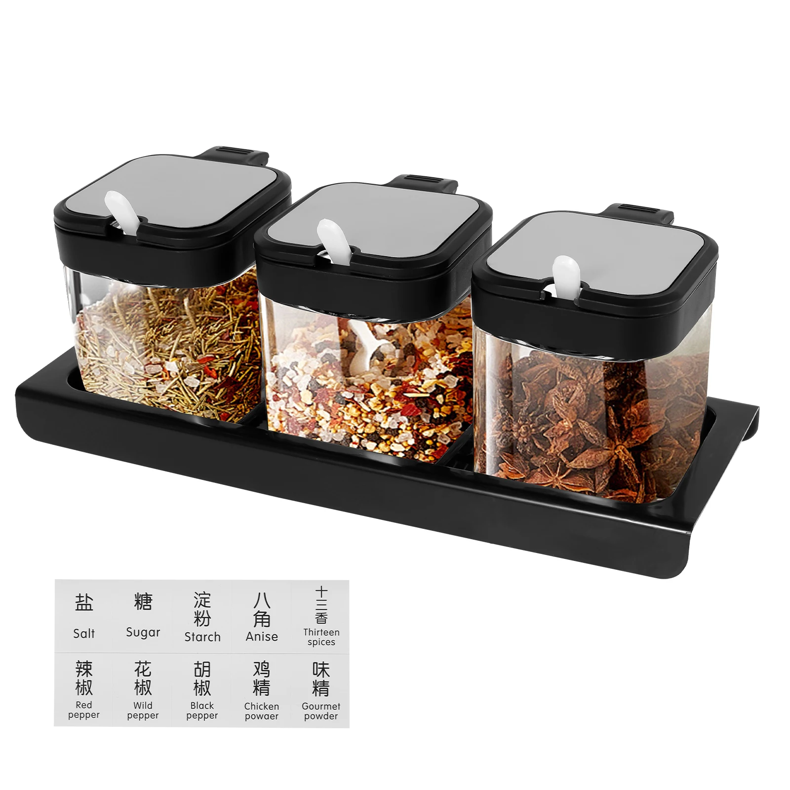 

Стеклянная банка для приправ с подносом, контейнер для специй, крышкой и ложкой, прочные банки для приправ, органайзер, бутылки для хранения, полка для специй