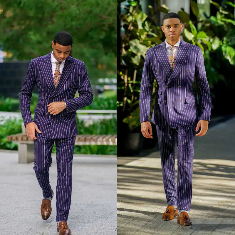 

Мужские костюмы в тонкую полоску из 2 предметов: куртка + брюки, официальные свадебные костюмы, облегающие двубортные вечерние костюмы для мужчин, индивидуальный заказ