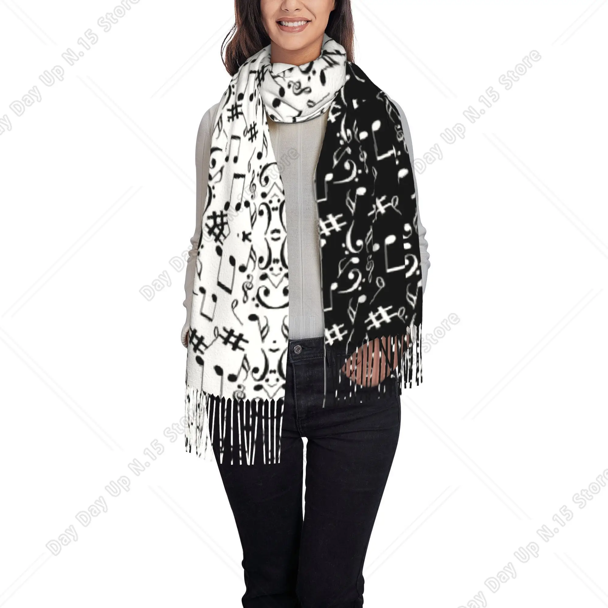 Black White Musical Melody Pattern UNISEX Autumn and Winter Fashionable Tassel Scarf