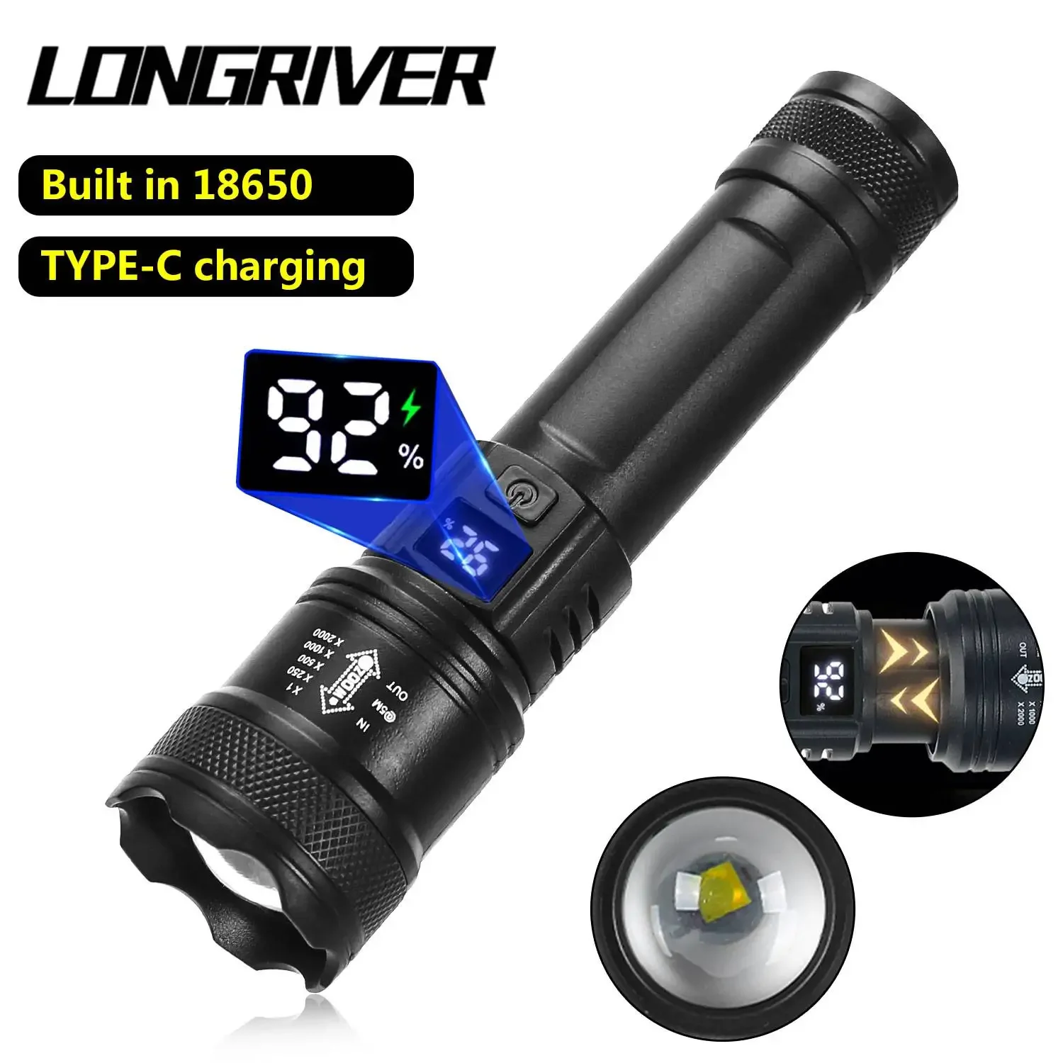 

LONGRIVER мощные светодиодные фонарики TY-908M, тактический фонарь с зарядкой через USB и лампой для кемпинга, аварийный фонарь с зумом
