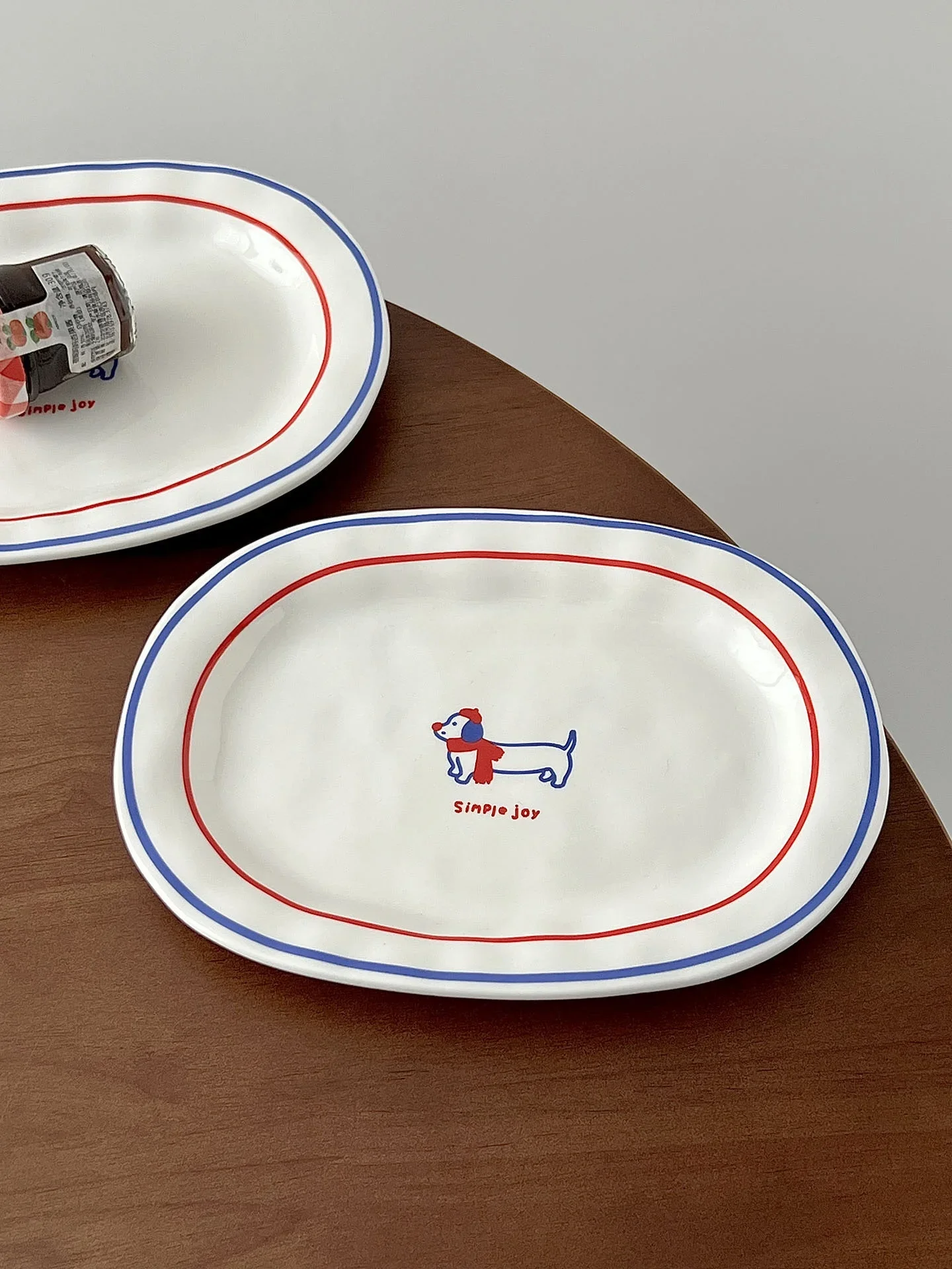 Sugar Miss Korean Style Ins Oval Ceramic Dessert Plate Breakfast Plate Irregular Sausage Dog Dishwasher Safe High Aesthetic V...