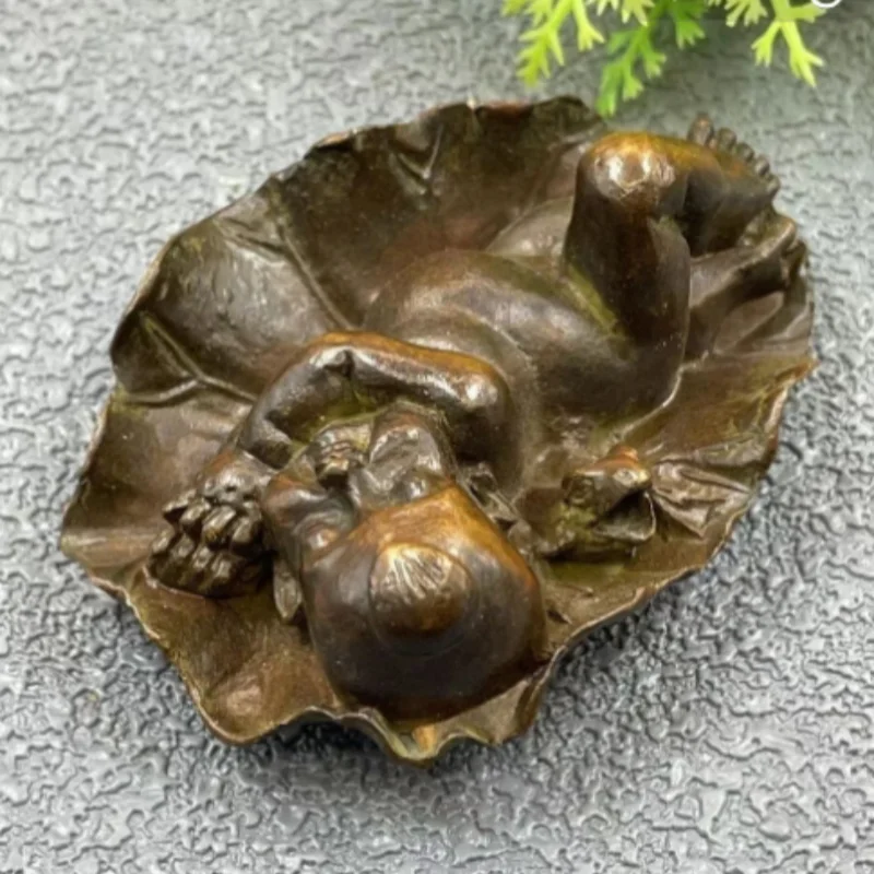 Vintage Bronze Lotus Leaf & figure Sculpture- Traditional Zen Tea Table accessory & Home Desktop