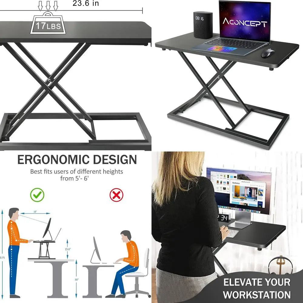 

24 x 14 Manual Height Adjustable Slim Standing Desk Converter, Compact Black Desk Riser for Laptops and Monitors