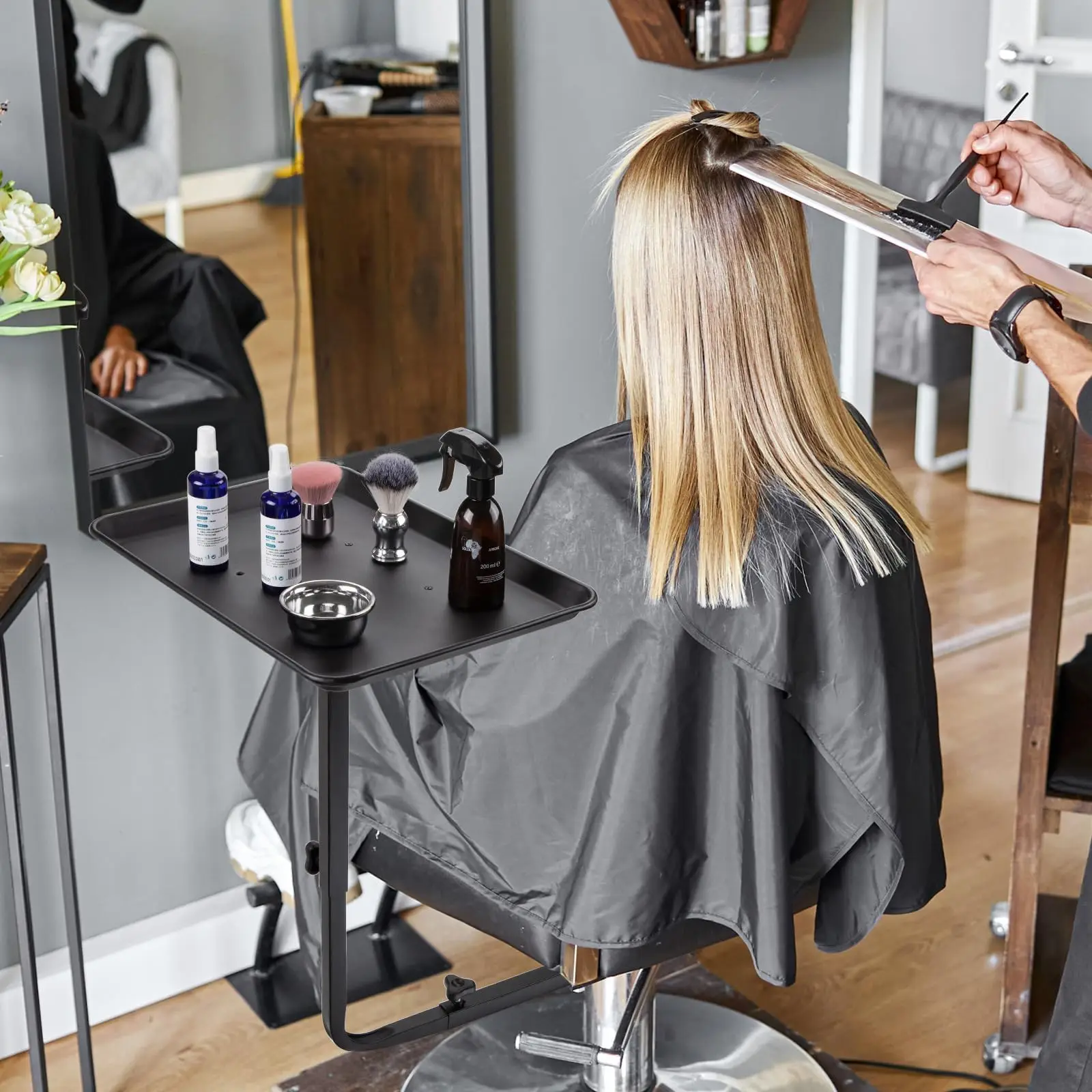 صينية صالون مرفقة بالكرسي، صينية صالون لمصففي الشعر، صينية كرسي حلاقة دوارة 360 درجة لأدوات تصفيف الشعر، شالونات الصالون