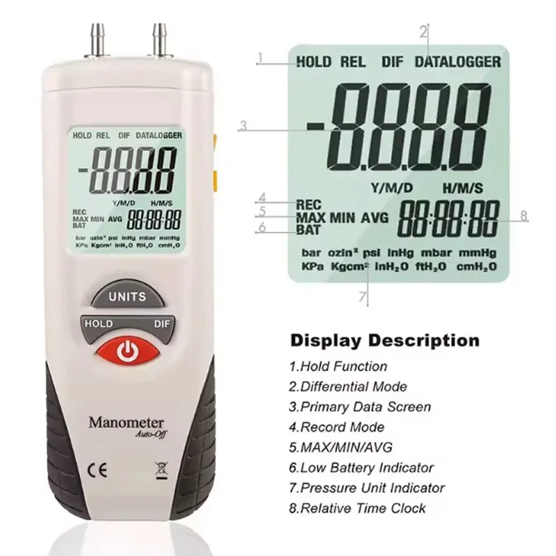 HTI HT-1890 Gas Pressure Gauge Manometer Handheld Digital Manometer Data Hold Dual Port Air Pressure Gauge HVAC Gas Teste Meter