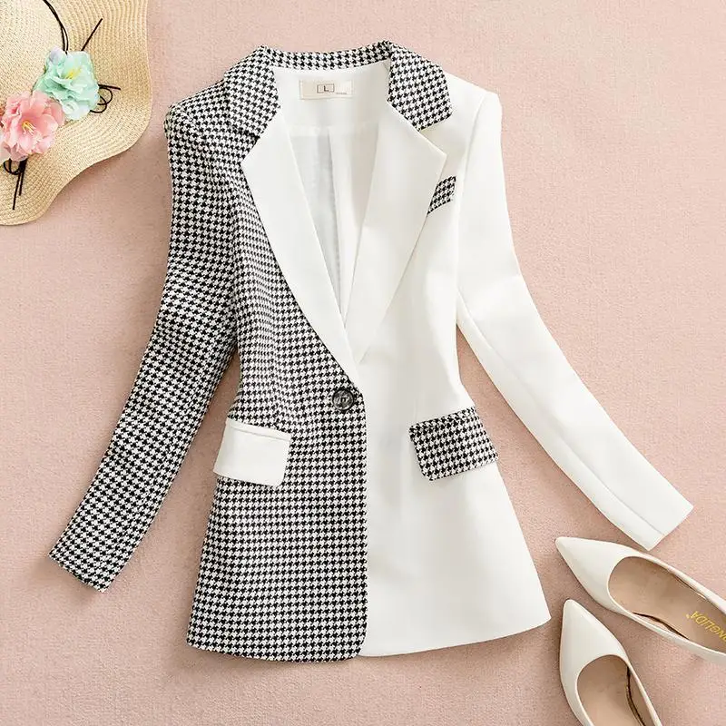 2023 Spring And Autumn Stitching Houndstooth Lining Suit Coat Women's Design Temperament Casual White Blazer Female Jacket