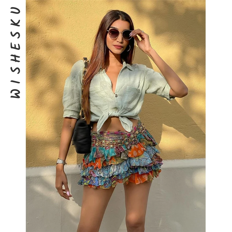 

Vintage Casual Pleated Grace Mini Skirts Women Elastic High Waist Colorful Print Skirt 2024 Summer Bohemia Beach Y2K Clothes