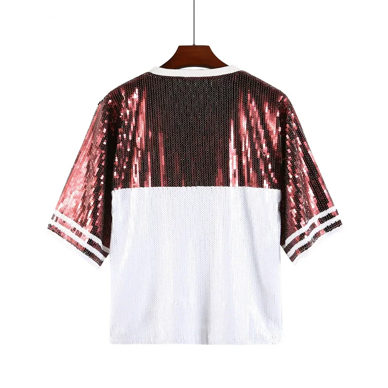 Summer New Letter Fashion Streetwear Loose T-Shirt Sequins Hip Hop Straight Short Sleeve Round Neck Women's Tops