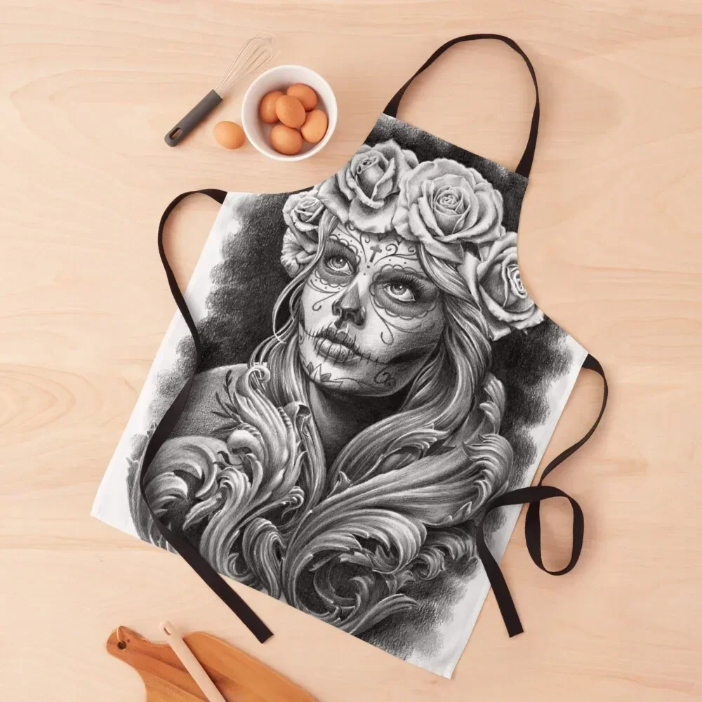 

Black and Grey Catrina with a crown of roses. Apron christmas 2025 Things For The Kitchen Woman Work Apron