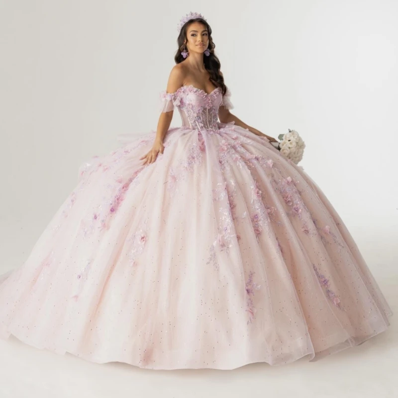 

Pink Shiny Quinceanera Dresses Off The Shoulder Applique Flower Beads Tull Corset Party Birthday Sweet 16 Dres Vestidos 15 anos