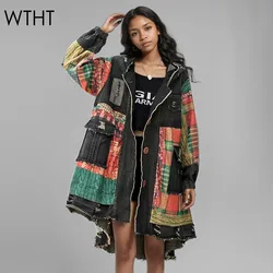 WTHT 2024 Autumn Vintage Plaid Patchwork Denim Hooded Coat For Women Loose Long Sleeves Single Breasted Jacket Female 1LS208