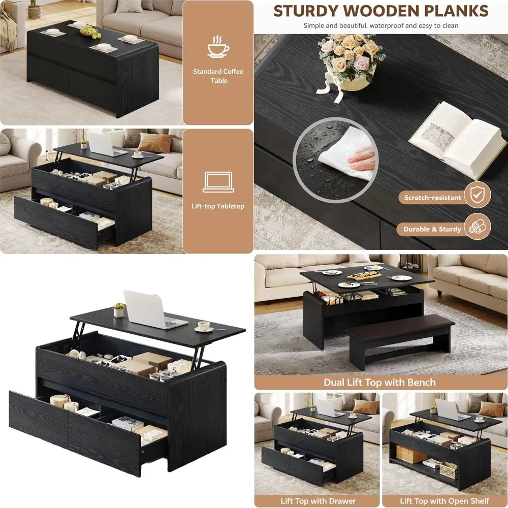 40-Zoll-Couchtisch mit Hubplatte und Schubladen, gebogenes Design für Wohnzimmer oder Heimbüro, Schwarz