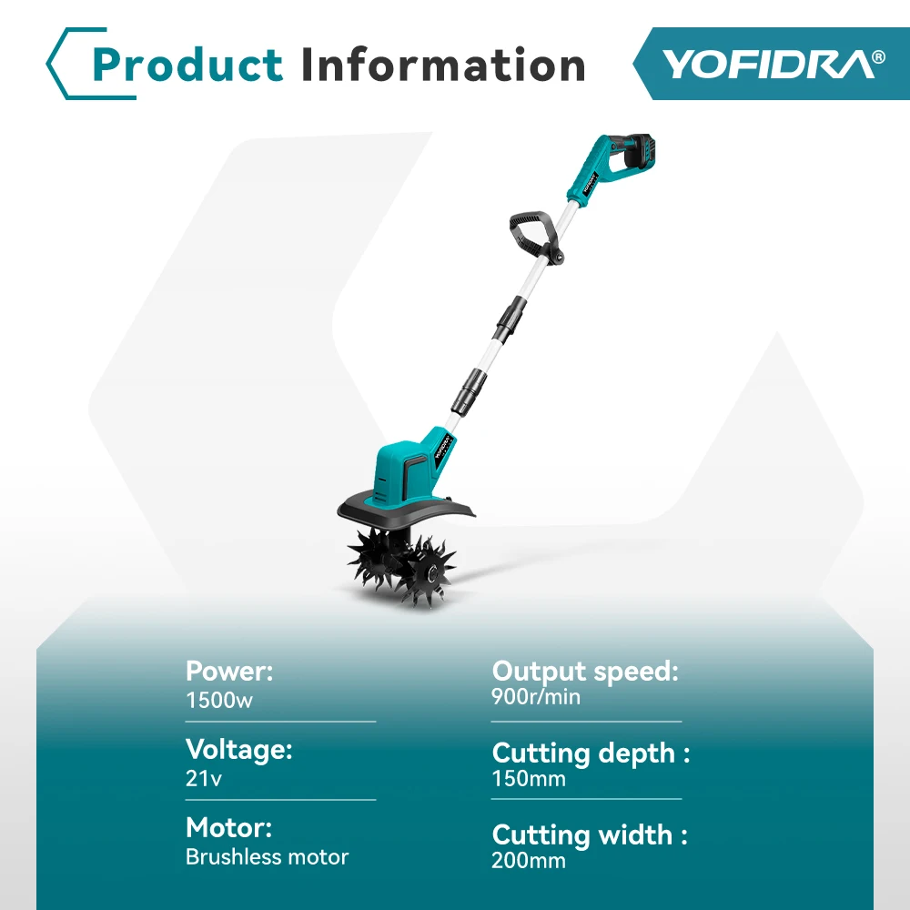 YOFIDRA 1500W Brushless Electric Garden Tiller Cultivator Garden Lawn Rototiller Soil Turning Power Tool For Makita Battery Pin