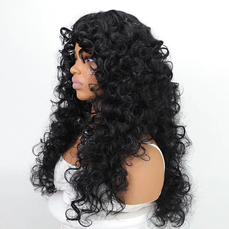 Popular exquisite wig, black long curly hair, fluffy small curly synthetic hair cover, European and American slanted bangs