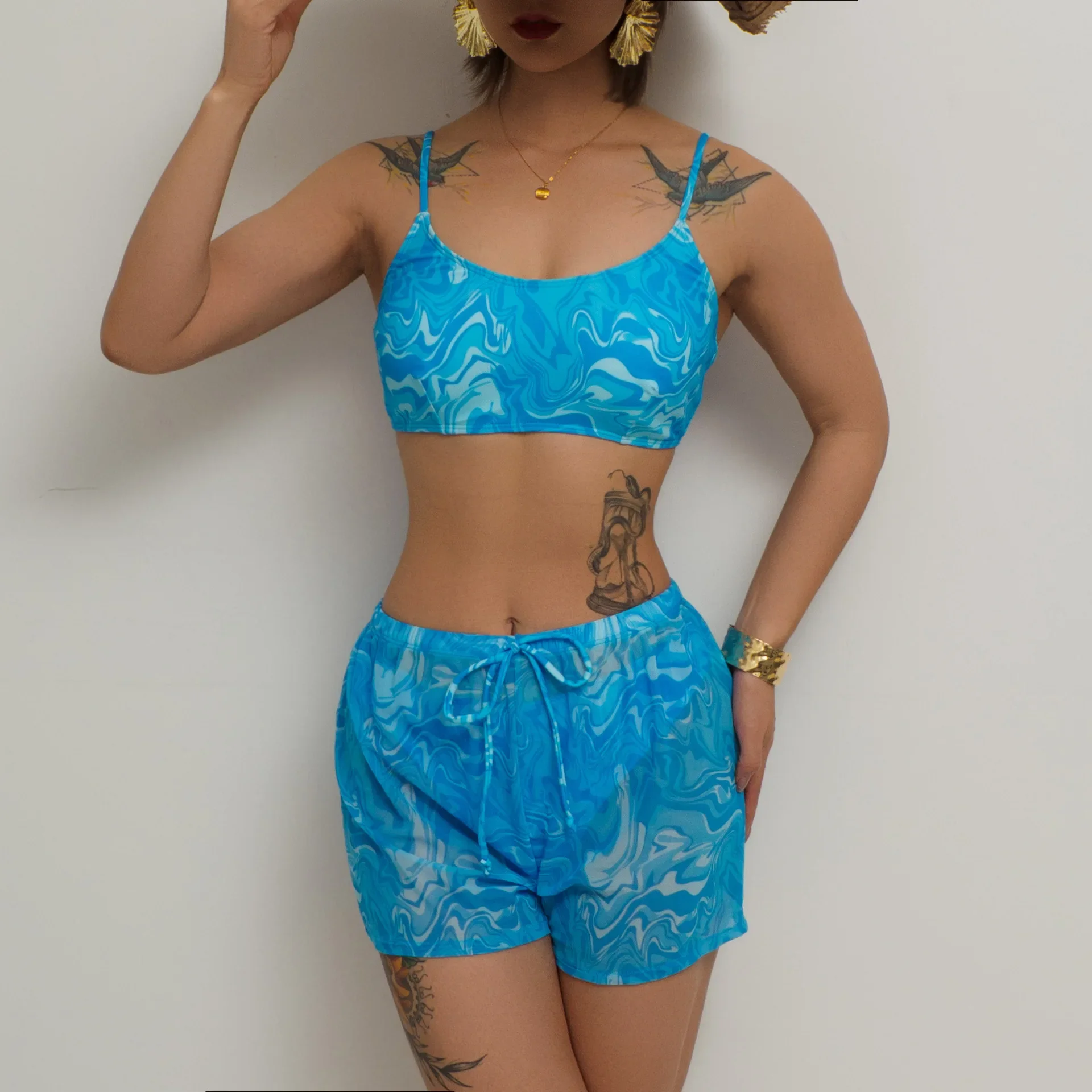 2025 새로운 여성 비키니 세트 Tankini Tie Dye Print 3 피스 수영복 하이 웨이스트 드로우 스트링 수영복 서스펜더 Backless Beachwear