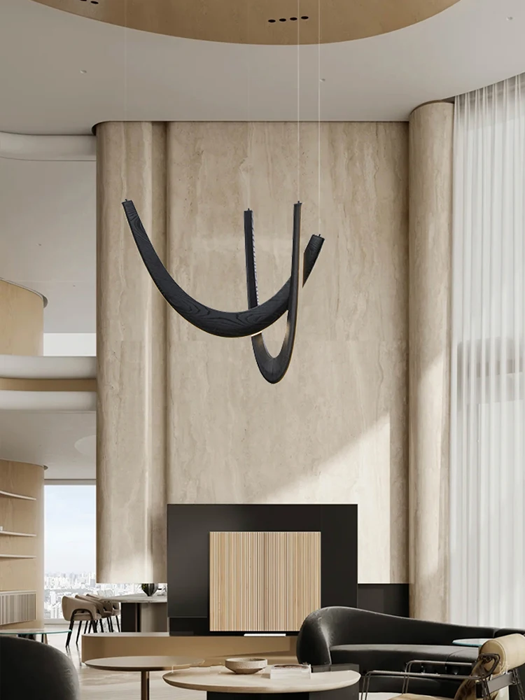 

Artistic Arch Modern Hanging Lamp Black Wood Ceiling Chandeliers LED Stair Pendant Lighting Fixtures Cottage Living Room Lustre