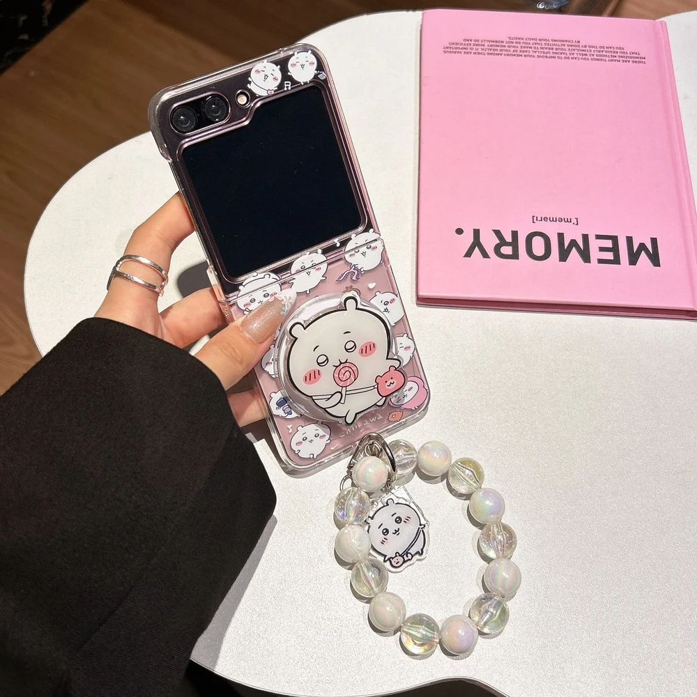 Cue Chiikawa Hachiware Usagi Magnetic Holder Magsafe Wireless Charge Phone Case For Samsung Galaxy Z Flip 7 6 5 4 3 Hard Cover