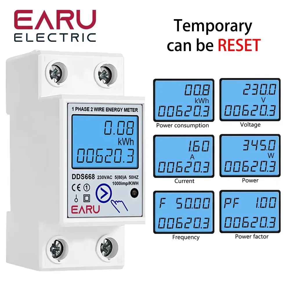 Din Rail Lcd display Reset Zero Voltmeter Ammeter Wattmeter Power Comsumption Meter Energy Meter Power Factor Electric Monitor