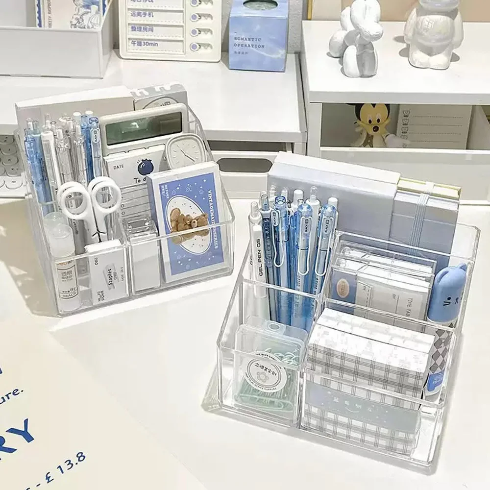 Clear Acrylic 5 Compartment Pen Holder Ins Style Desk Organizer Square Plastic Stationery Storage Case