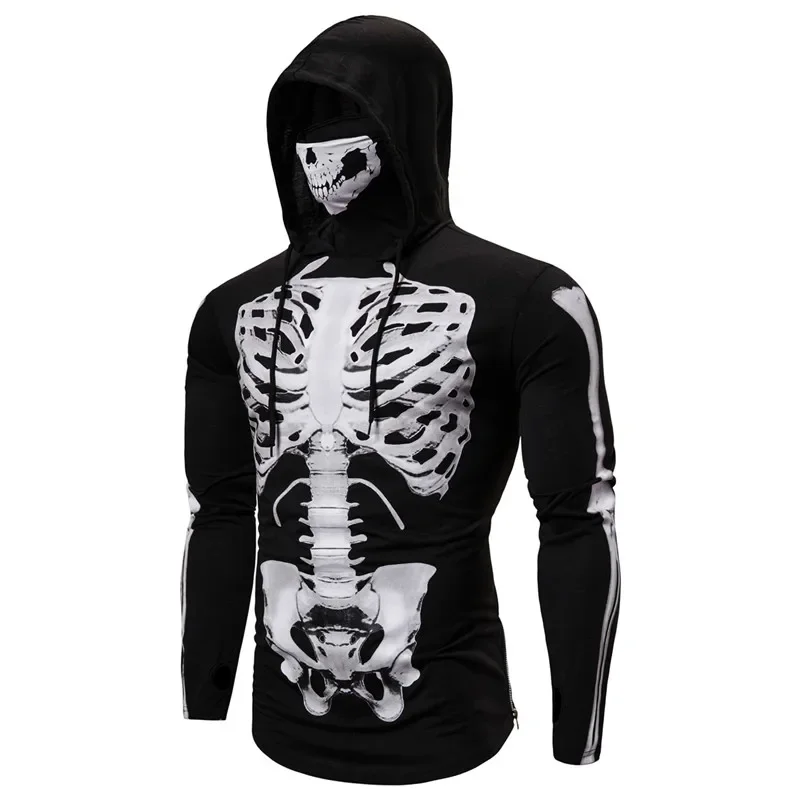 Autumn New Men's Elastic Personality Ninja Suit Hooded Halloween Cosplay Long-sleeved T-shirt Skeleton Skull Mask Slim Tops