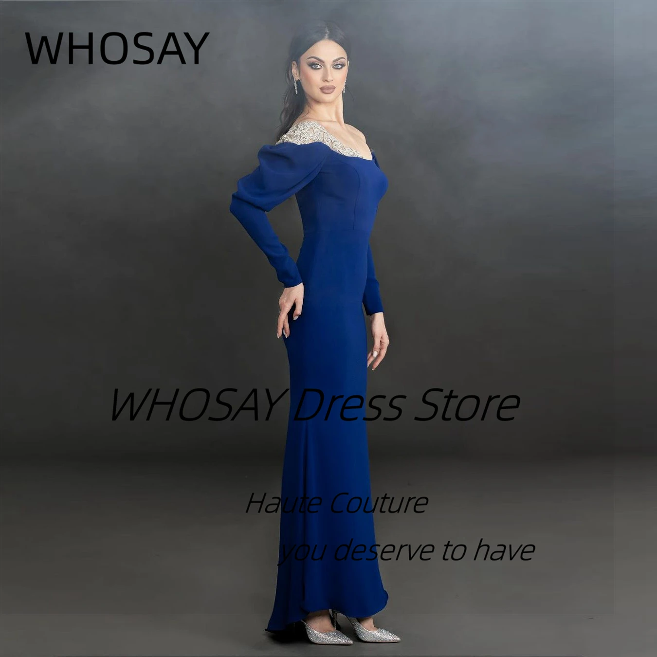 WHOSAY Formal Banquet Women Wear Beaded Off Shoulder Evening Dresses Long Sleeves Zipper Back Wedding Party Prom Gowns