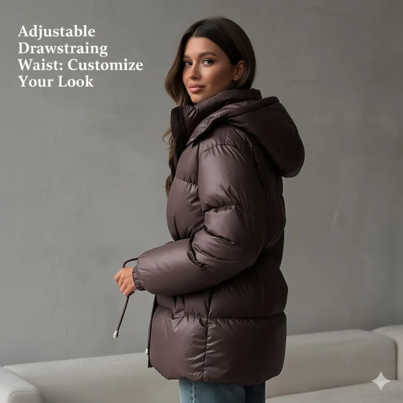 

Winter Women's Short Hooded Down Jacket Thick Warm Padded Parka With Pockets Drawstring Waist Zipper Front Casual Outdoor Style