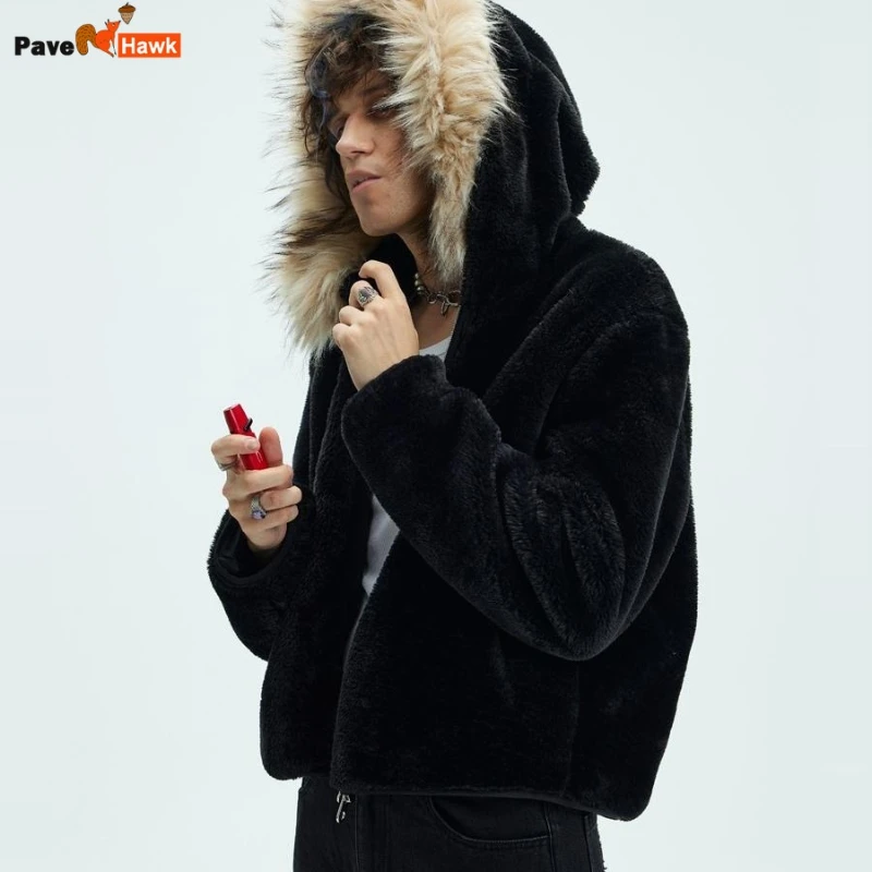 

New Short Hoodie Mens Winter Hip-hop High Street Plush Warm Cotton Jacket High-quality Thickening Zipper Male Loose Coats