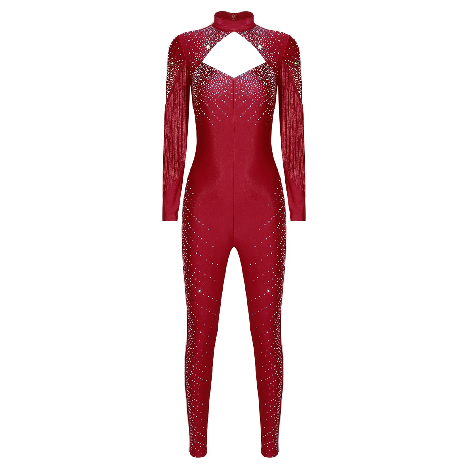 

Womens Figure Skating Jumpsuit Long Sleeve Glittery Rhinestone Tassel Leggings One-piece Bodysuit Rompers for Gymnastics Dancing