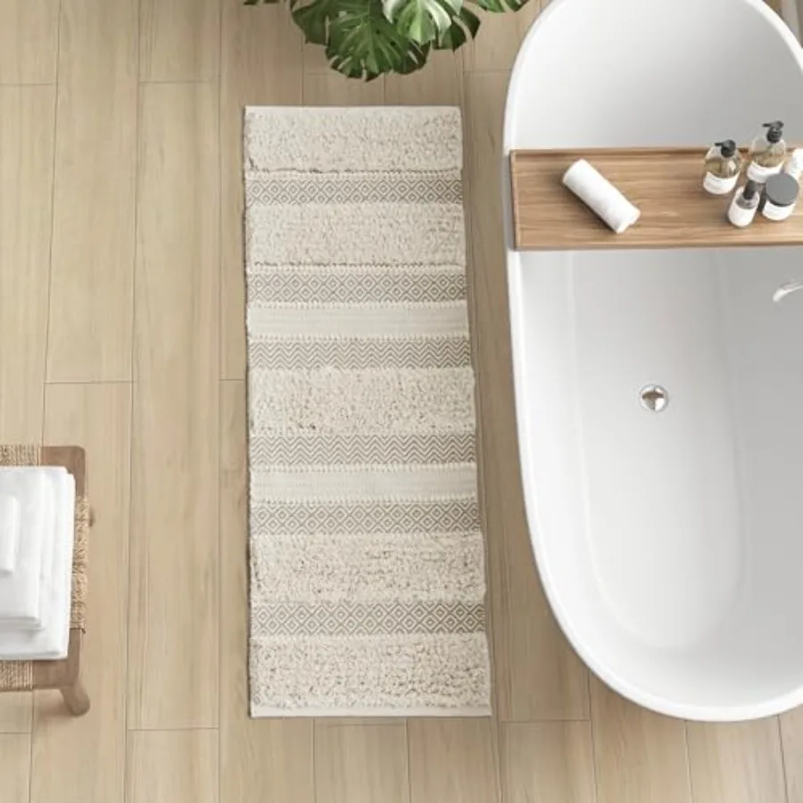 

Bath Rug Hand-Woven Texture Shaggy Striped Soft and Water Absorbent Boho Bathroom Décor Bath-Mats Non-Slip Absorbent Quick Dry
