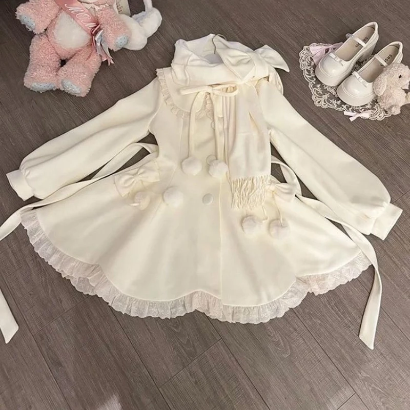 

Autumn Winter Japanese Kawaii Cute Woolen Coat Women Y2k Sweet Slim Bow Design Elegant Jacket Female Chic Korean Popular Coats