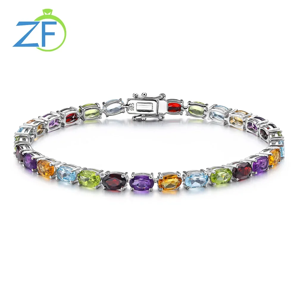 

GZ ZONGFA Genuine 925 Silver Tennis Bracelet for Women Natural Garnet Peridot Amethyst Mixed Color Charm Fine Jewelry