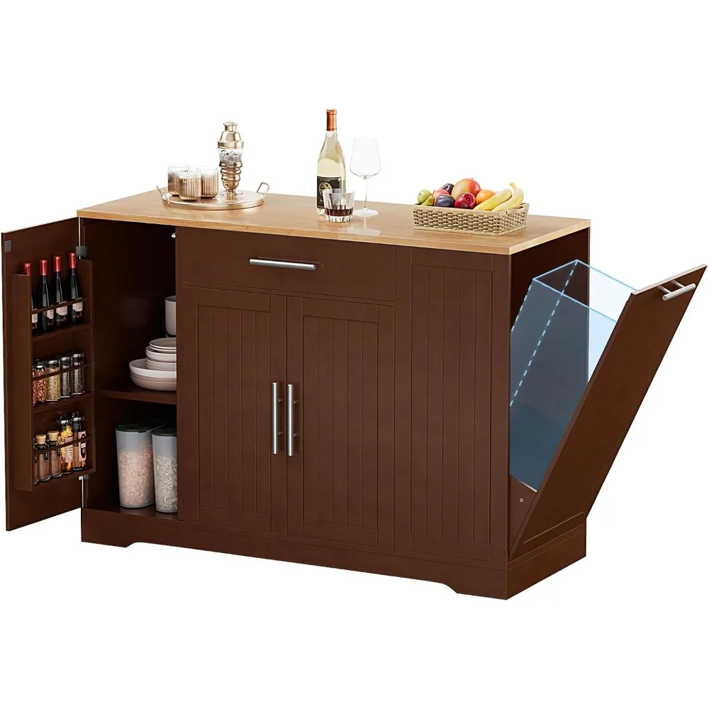

53" Long Kitchen Island with Trash Can Storage, Walnut Kitchen Cart with Garbage Bin 10 Gallon, Portable Island with Trash Can,