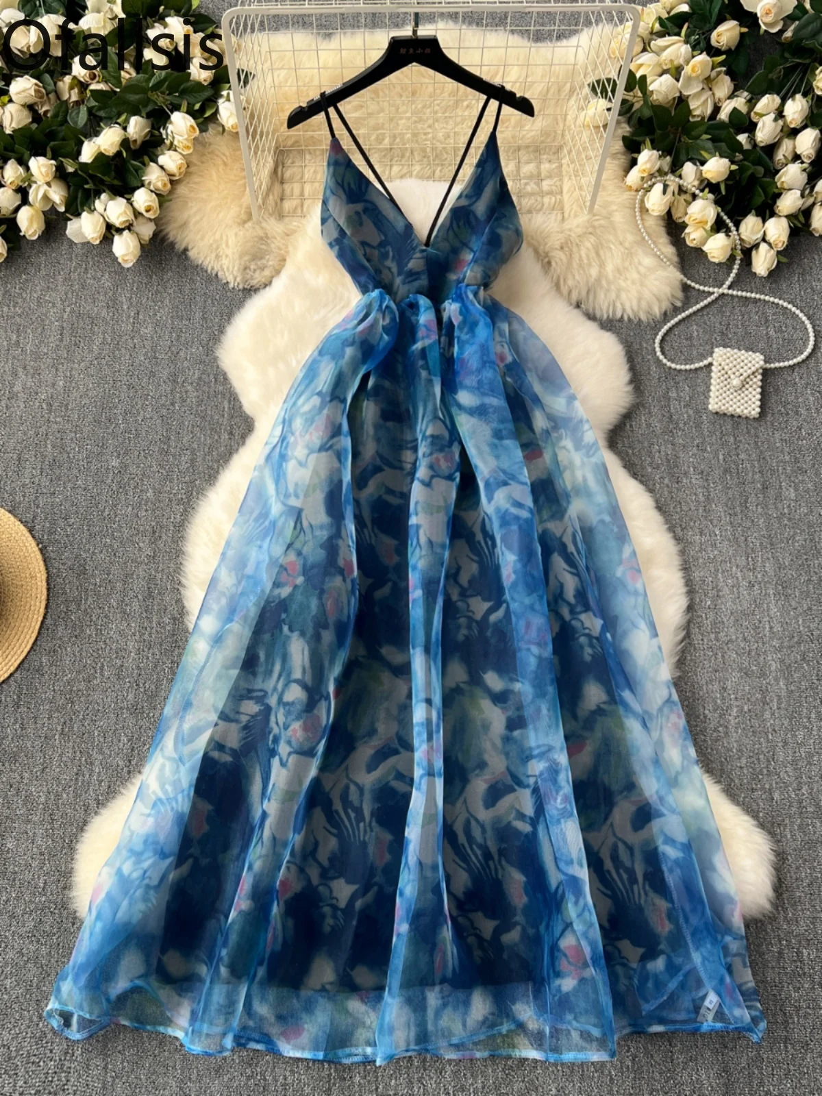 Ofallsis V neck Printed Birthday Party Dress Female 2024 Summer New Sexy Hollowed Out Backless Suspender Organza Puffy Dresses