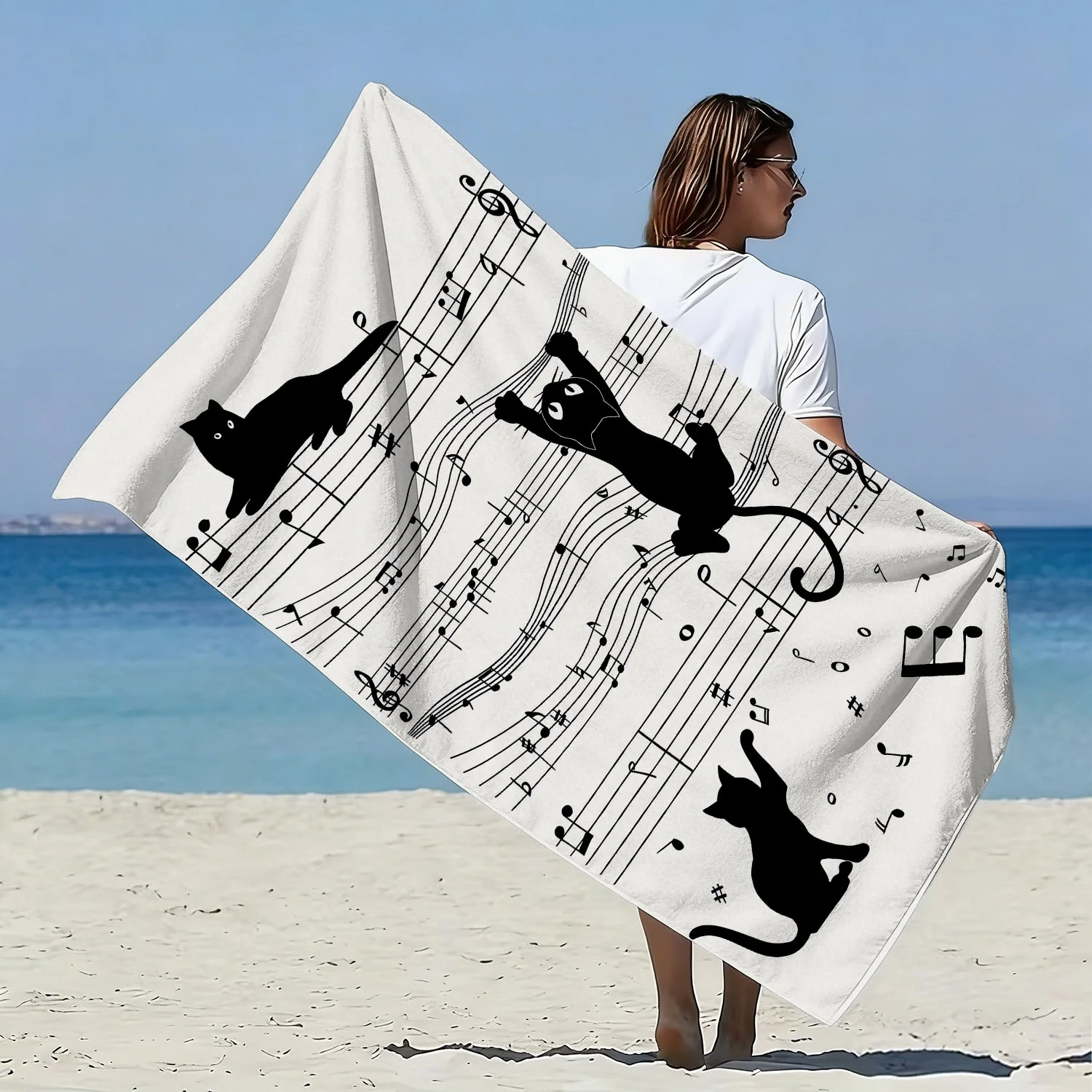 Large Soft Cartoon Cat Music Notes Style Beach Towel Microfiber Bath Towel Quick-Dry and Super Absorbent Ideal for Beach