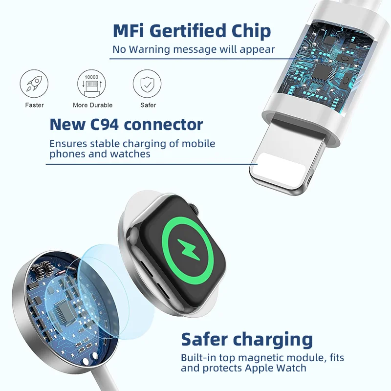 KUTOU 2 في 1 كابل لشاحن ساعة أبل المغناطيسي iWatch شحن لسلسلة الساعات 9 8 7 6 SE 5 4 3 2 1 آيفون 14 13 12 11