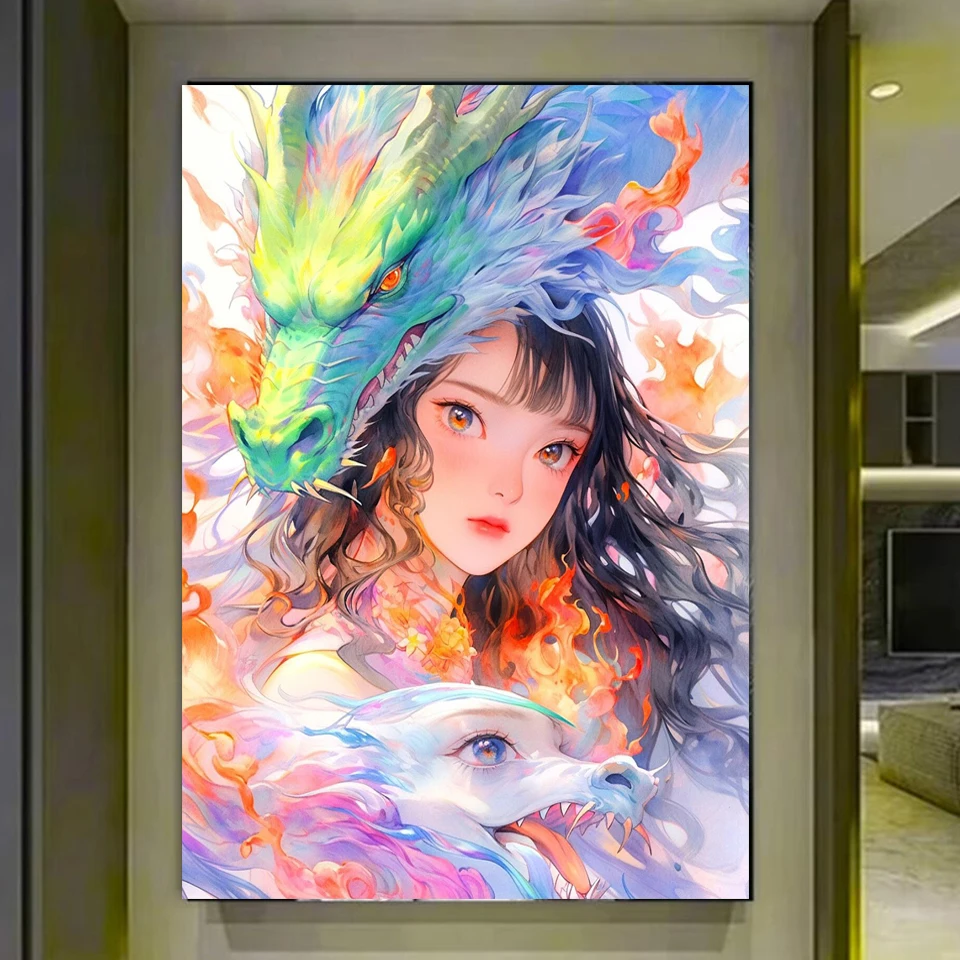 Colorful Dragon Girl Sister 5D Diamond Painting Cross Stitch Kit Diamond Mosaic Embroidery Suitable for Children DIY X1282