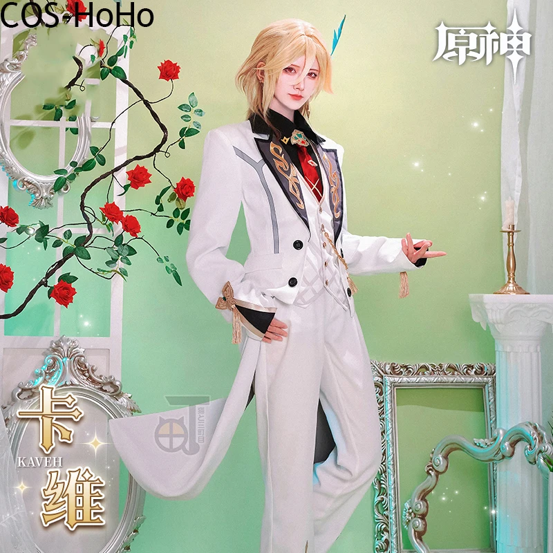 COS-HoHo Genshin Impact Kaveh White Tuxedo European Game Suit Elegant Noble Cosplay Costume Halloween Party Role Play Outfit Men