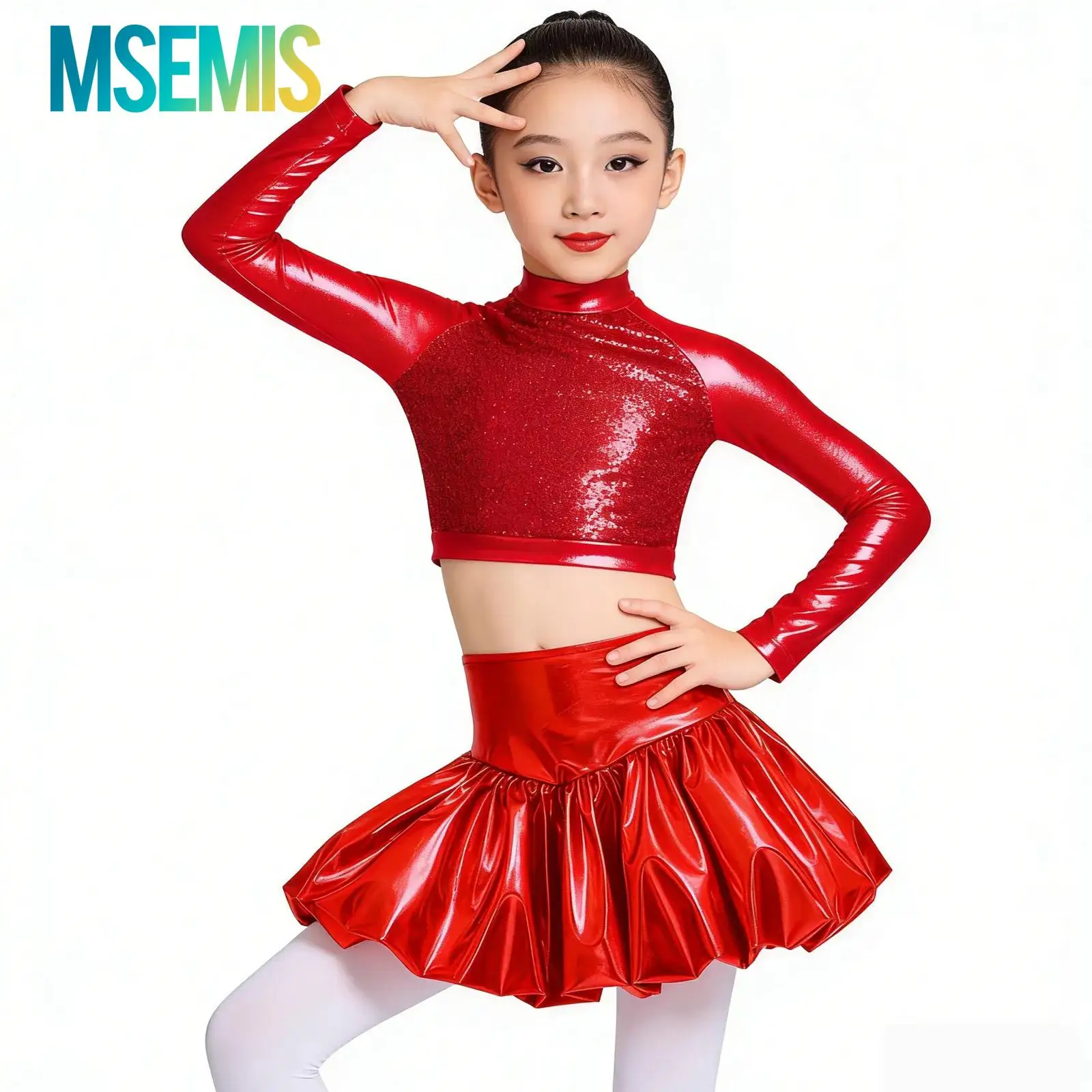 

Kids Girls Jazz Street Latin Dance Performance Outfit Mock Neck Long Sleeve Sequin Metallic Crop Top with Shiny Bubble Skirt