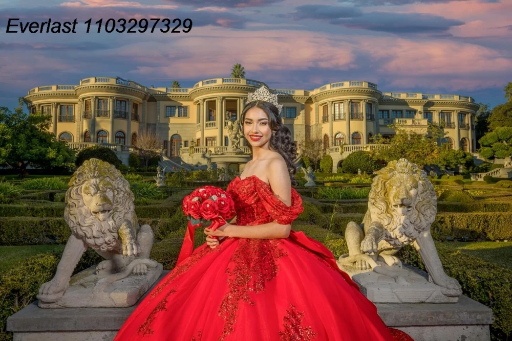 EVLAST Customized Red Quinceanera Dress Ball Gown Sequins Lace Applique Beading Bow Corset Sweet 16 Vestido De 15 Anos TQD983