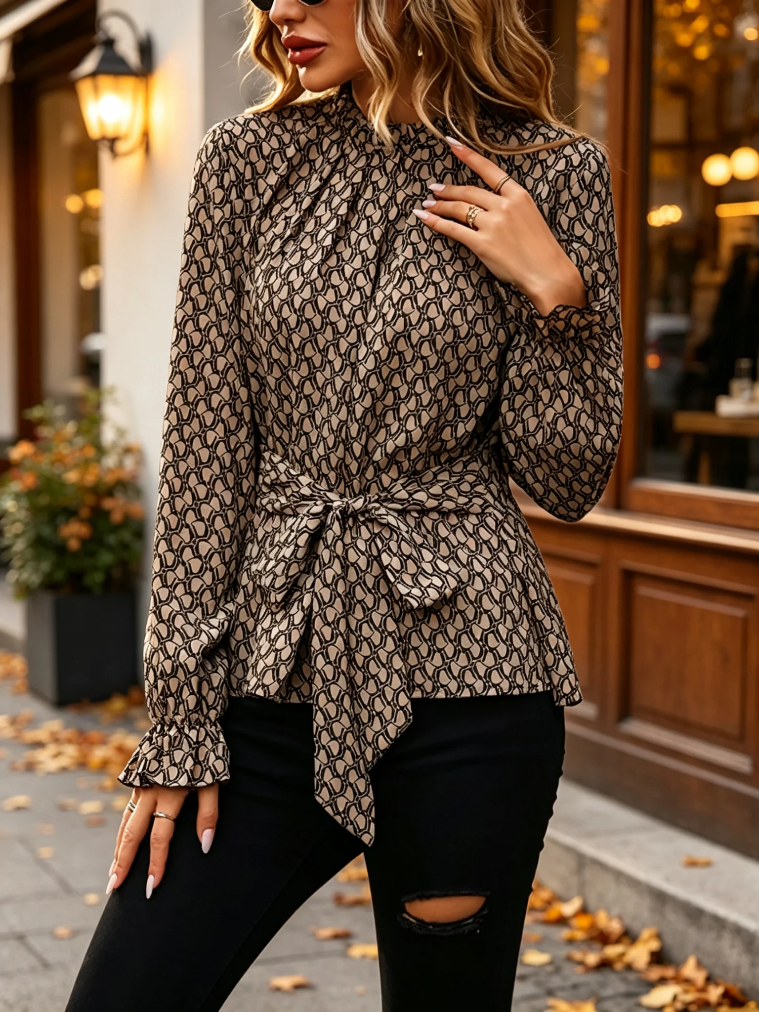 Women Geometric Print Blouse High Neck Long Sleeve Ruffle Cuff Tops Self‑Tie Waist Belt Elegant Office Shirt