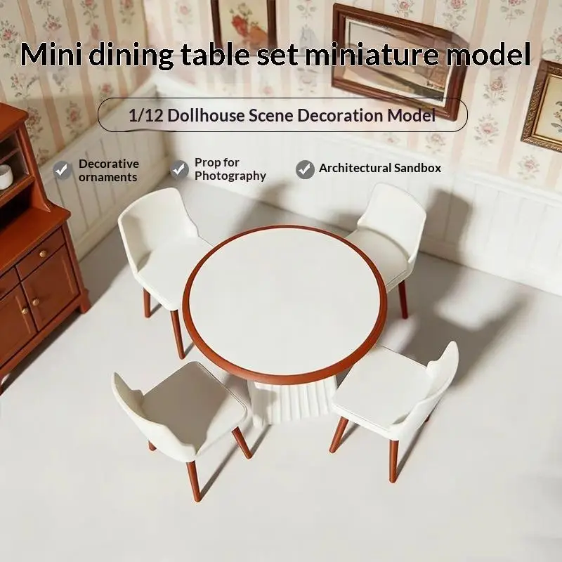 Miniature Round Dining Table Chairs Set 1/12 Dollhouse Mini Simulation Furniture Ornament Micro Scene Decor Photography Prop