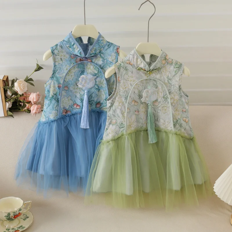 

Girls' summer dress, new Hanfu style with button closures, Chinese-style tulle dress for girls, children's princess mesh dress