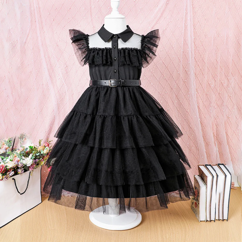 

2024 Summer New Arrival Girls Sleeveless Mesh Belt Ruffles Black Dress Infantil Menina Cute Party Dress Custume 3-9T