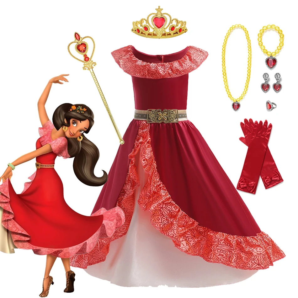 Disfraz de Princesa Elena de Avalor para niña, ropa de juego de rol de Anime de Disney, traje de Cosplay de Carnaval de Halloween, vestido largo con volantes rojos para niño