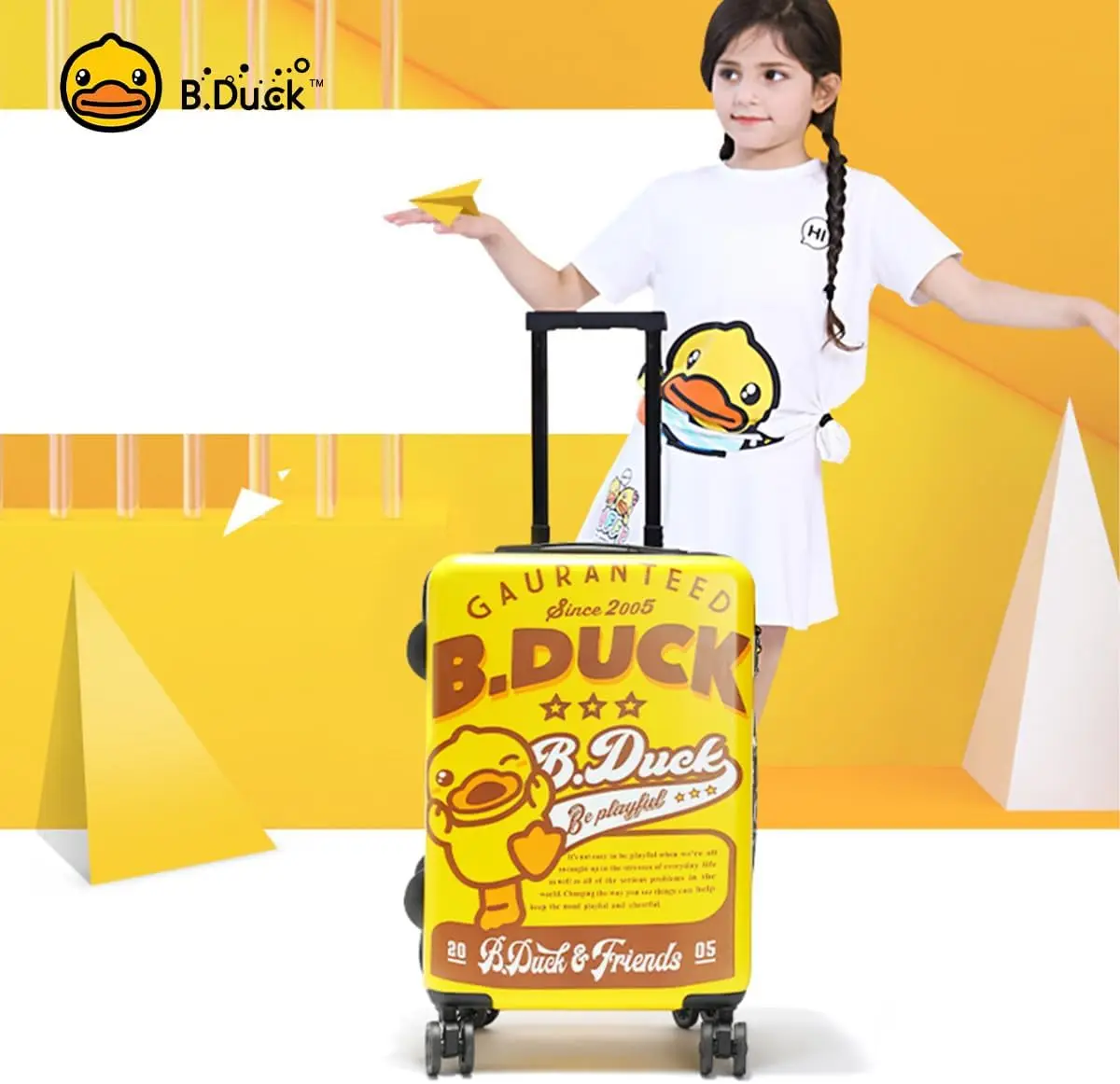 B.Duck Kids 20-Zoll-Handgepäck-Rollkoffer für Kleinkinder, süßer gelber Entenkoffer, Reisewagen, kleiner Koffer