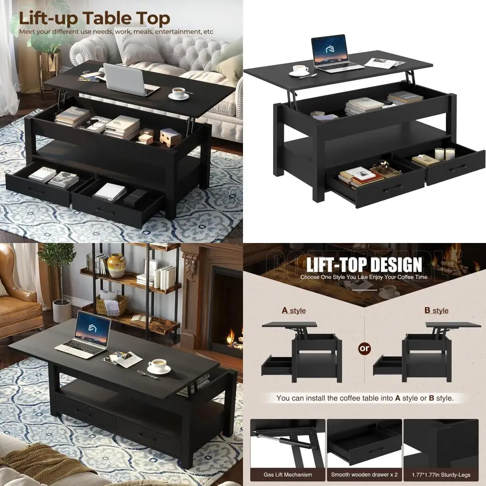 طاولة قهوة قابلة للرفع على الطراز القديم مع أدراج وتخزين سري، قطعة مركزية خشبية على سطح الطاولة