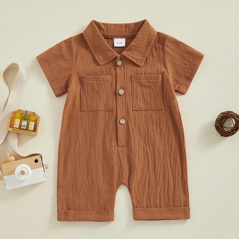 Infant Baby Boy Summer Romper Cotton Linen Jumpsuit Lapel Short Sleeve Front Button Outfit Bodysuit Newborn Clothes