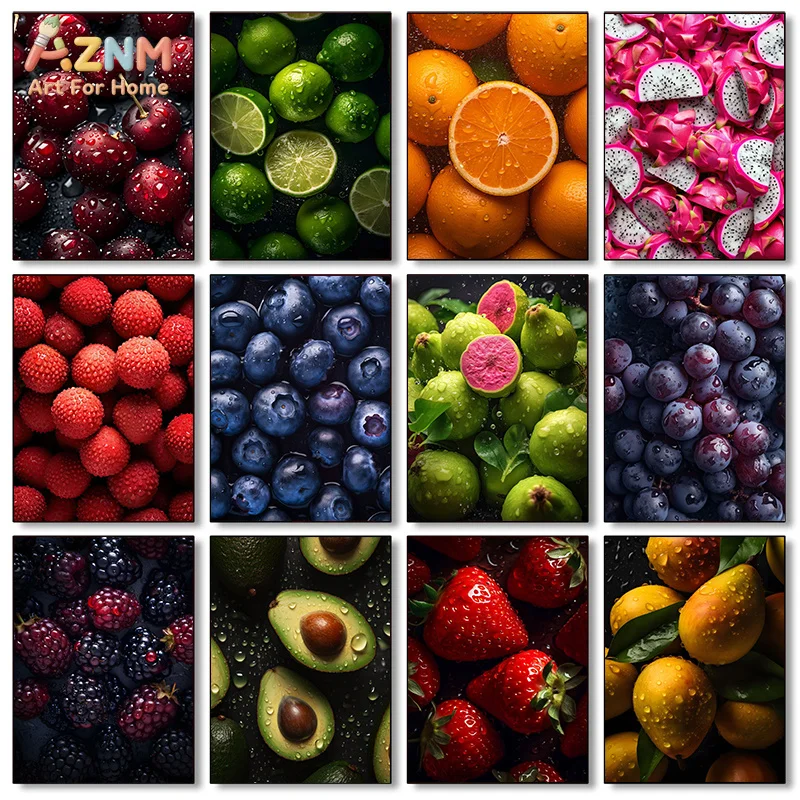 AZNM Dark Background Fresh Fruit Canvas Poster Frameless Wall Art Cherry Lime Orange Dragon Berry Avocado Strawberry Print For K